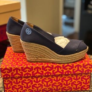 Tory Burch Navy Canvas Espadrille Wedges - 6.5